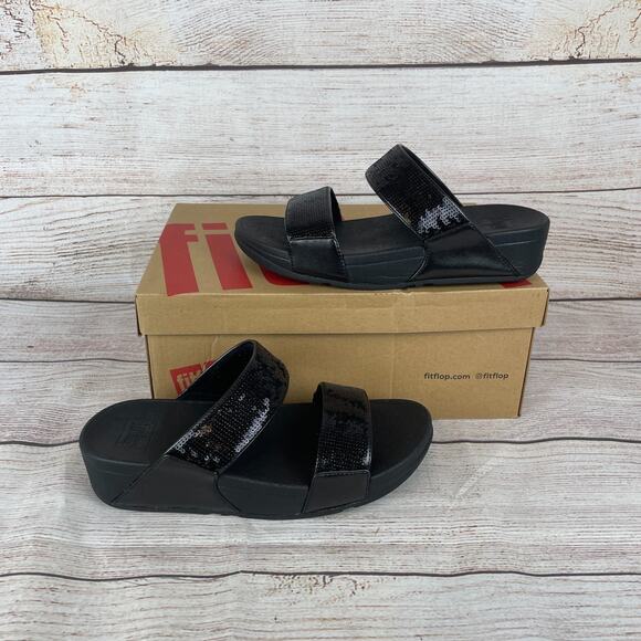 FitFlop Lulu Sequin Slides Womens Size 7 Sandals All Black - Picture 1 of 10